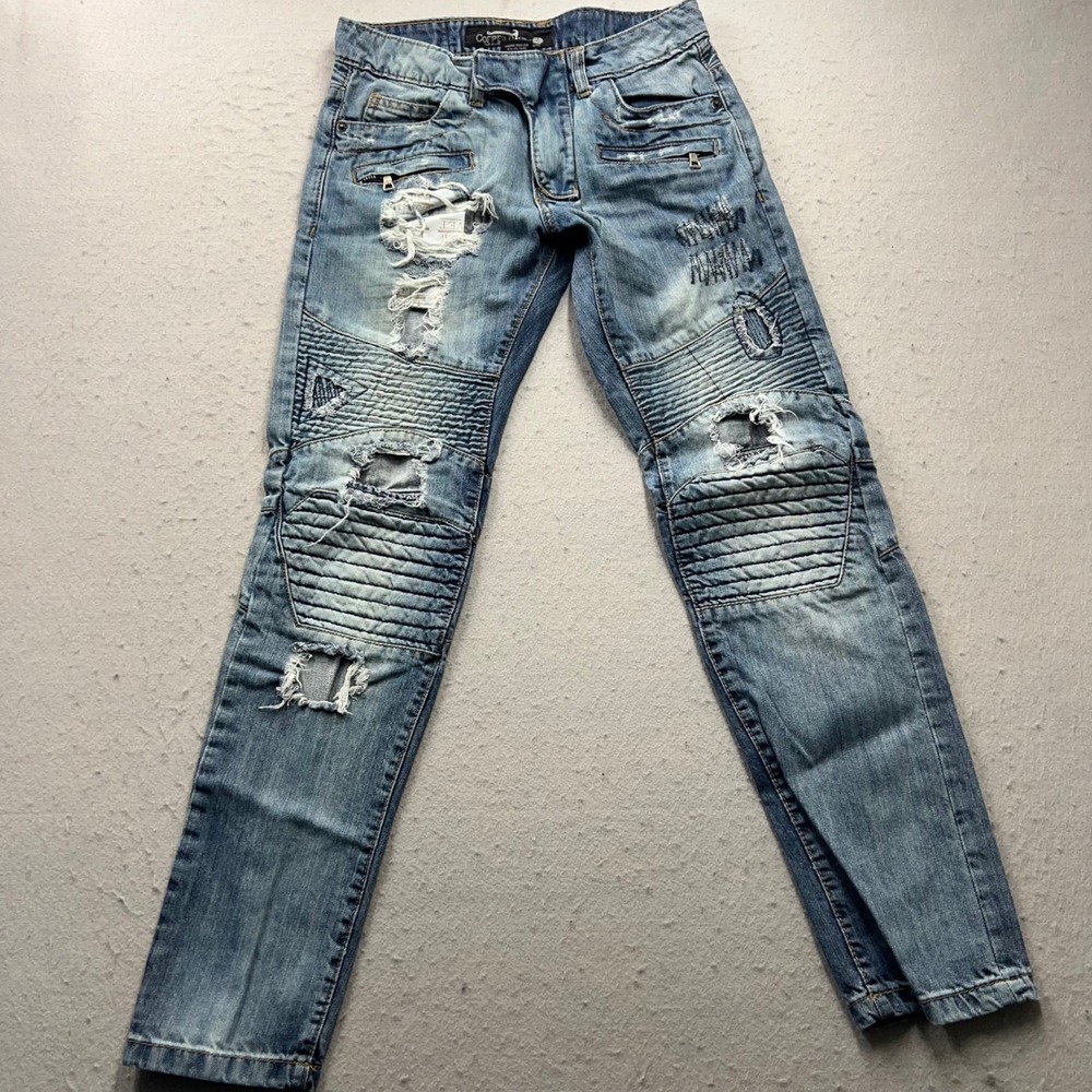 Copper Rivet Mens Biker Jeans 30x32 Blue Distressed Moto Slim Tapered Denim 1206